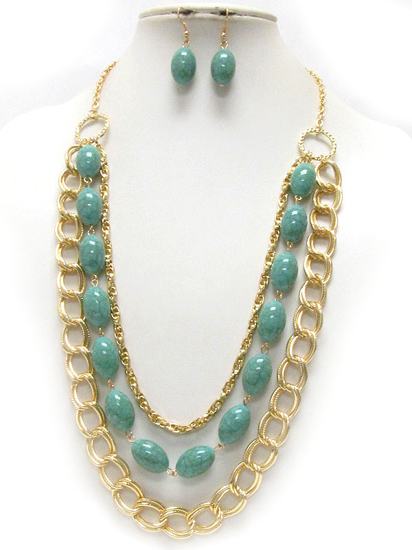 Oval stone and chain mix three layered necklace earring set