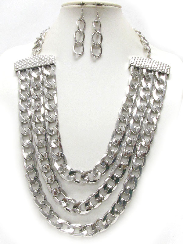 Three layered thick chain link necklace earring set