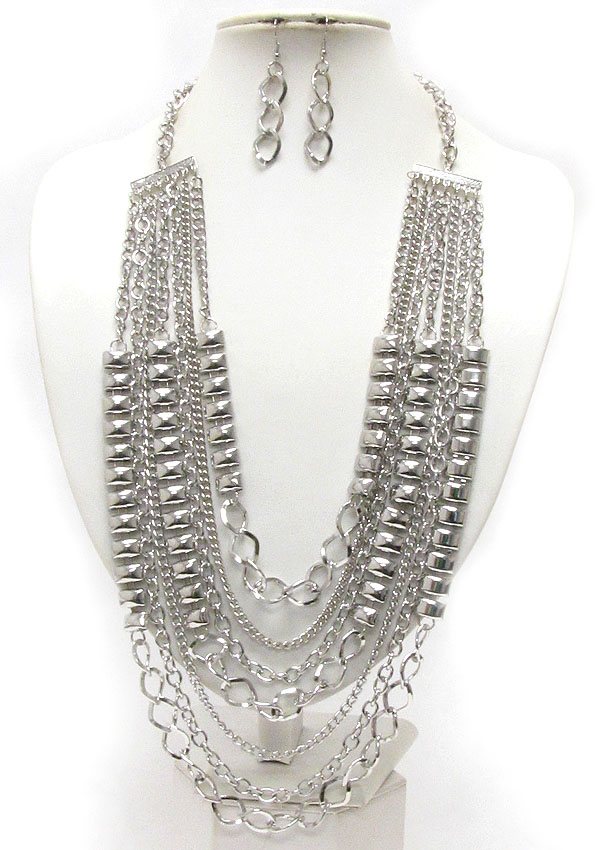 Metal bead and multi chain mix drop necklace earring set