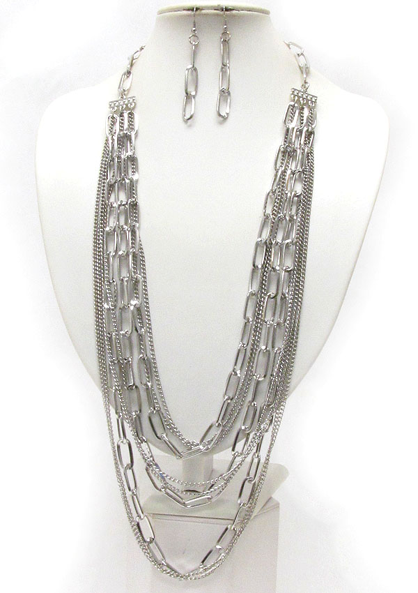 Multi metal chain mix and drop necklace earring set