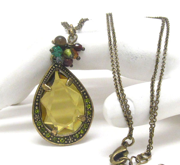 Vintage style facet glass stone tear drop and beads cluster pendant long necklace