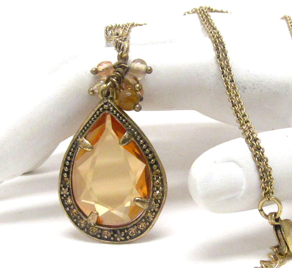 Vintage style facet glass stone tear drop and beads cluster pendant long necklace