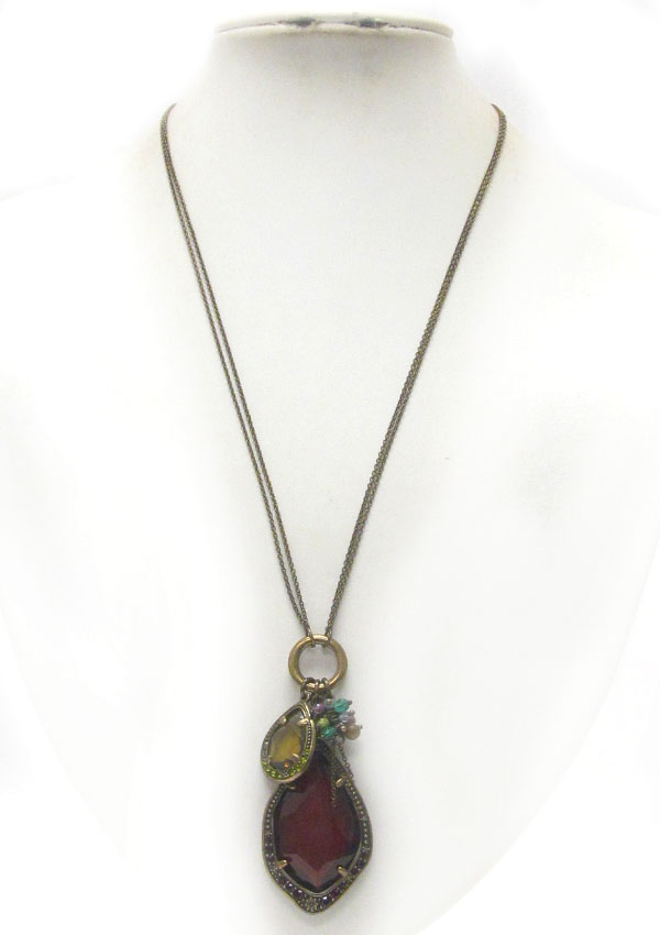 Vintage style dual facet glass stone tear drop pendant long necklace