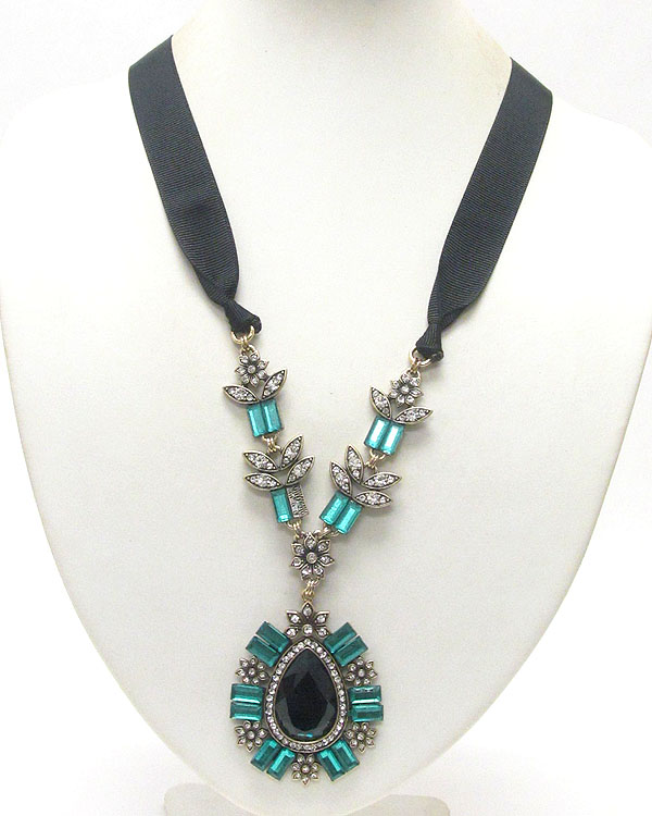 Glass and crystal art deco teardrop penant and ribbon tied back necklace 