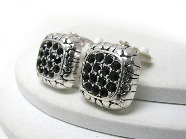 Crystal stud metal filigree square clip earrings