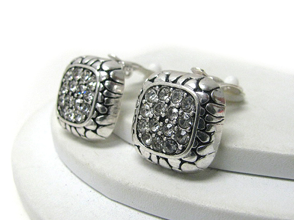 Crystal stud metal filigree square clip earrings