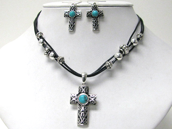 Turquoise center metal filigree cross pendant and multi cord necklace earring set