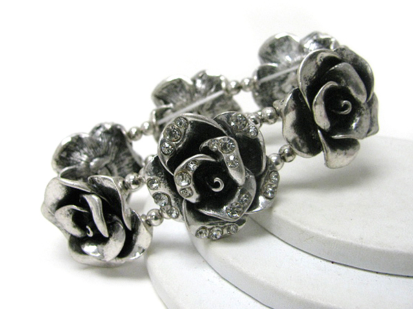 Crystal deco multi metal rose link stretch bracelet