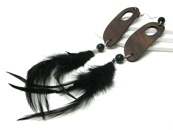 Ethnic style natural wood and feather dangle earrings