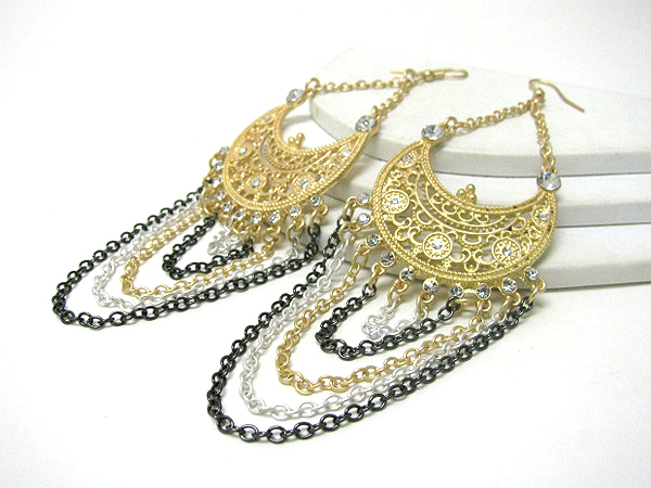 Crystal deco and metal filigree chain drop earrings