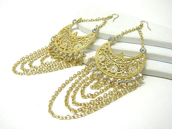 Crystal deco and metal filigree chain drop earrings