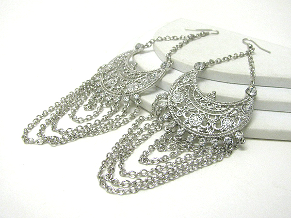 Crystal deco and metal filigree chain drop earrings