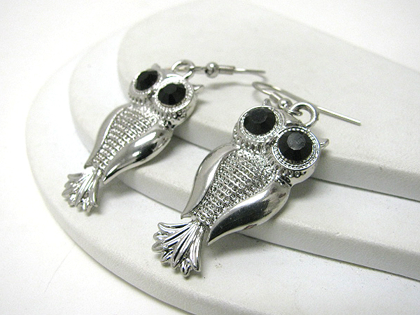 Crystal eyed metal owl earrings