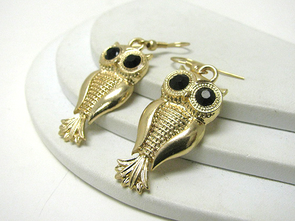 Crystal eyed metal owl earrings