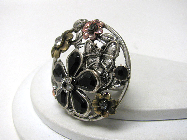 Crystal deco multi flower and butterfly stretch ring