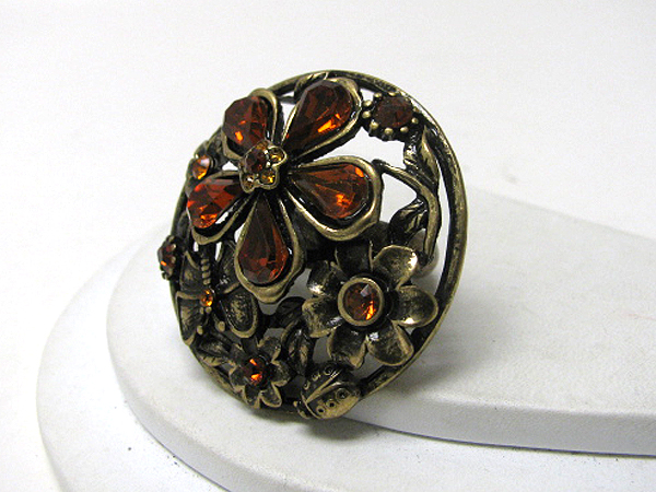 Crystal deco multi flower and butterfly stretch ring