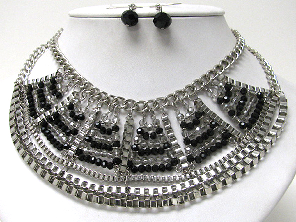 Multi chain and glass bead deco bib style necklace earring set