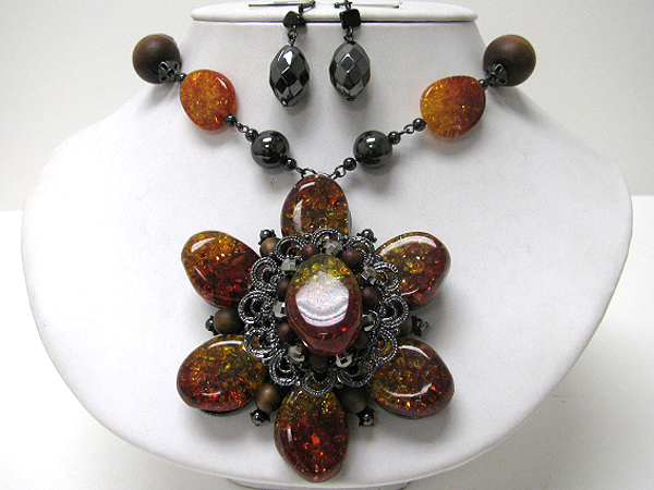 Large resin flower pendant necklace earring set