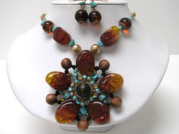 Large resin flower pendant necklace earring set