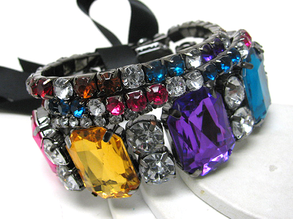 Multi crystal and acrylic stone deco triple stretch bracelet set