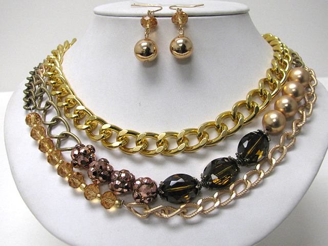 Glass and metal ball accent mixed massive metal chain necklace earring set