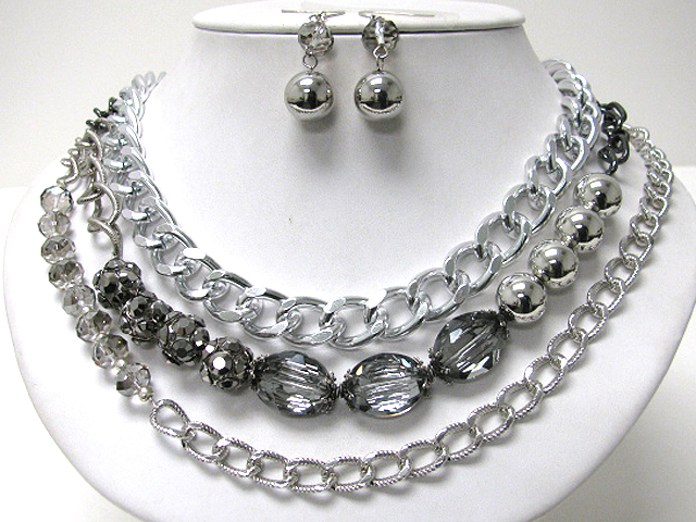 Glass and metal ball accent mixed massive metal chain necklace earring set