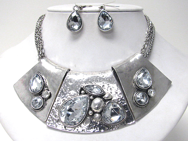 Architectural multi tear drop crystal deco chunky metal plate link tribal style necklace earring set