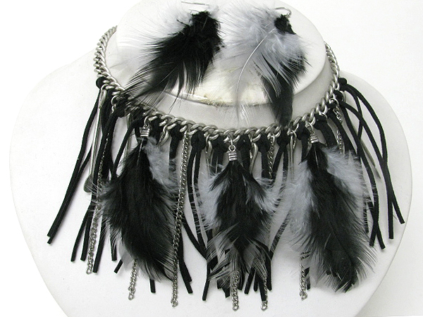 Multi feather and suede drop necklace earring set