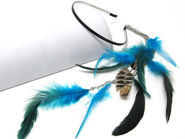 16 inch super long flexible headband with multi feather and rhinestone extension