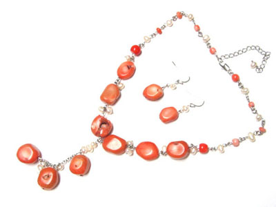 Genuine stone coral and fresh water pearl necklace and earring set - y shape