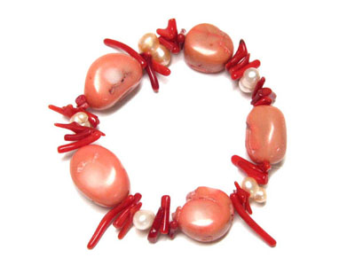 Genuine stone coral and fresh water pearl stretch bracelet