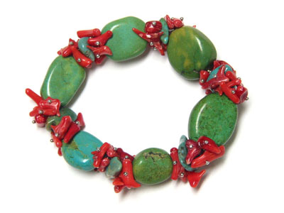 Genuine stone coral and green turquoise stretch bracelet