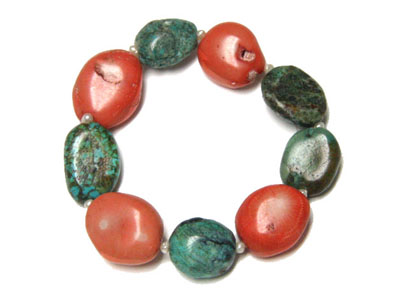 Genuine stone turquoise and coral stretch bracelet