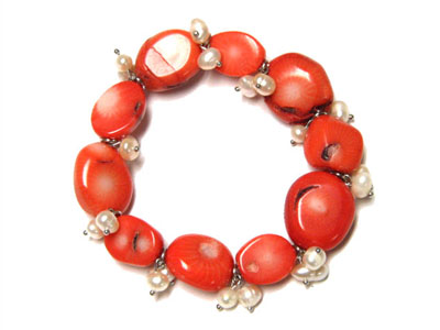 Genuine stone coral and fresh water pearl stretch bracelet