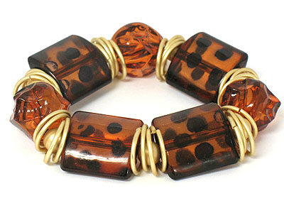 Tortoise tone square beads metal link stretch bracelet- animal print