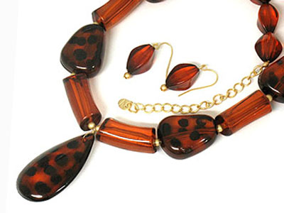 Tortoise tone beads drop and metal link necklace and earring set- animal print