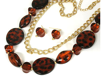 Tortoise tone beads metal chain necklace and earring set