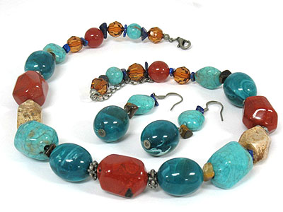 Multi natural gem stone necklace and earring set