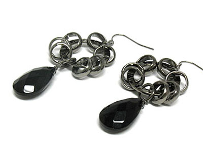 Genuine onyx teardrop and multi ring drop earring