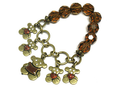 Five bear dangle jet beads stretch bracelet