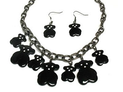 Five bear dangle jet beads necklace and earring set