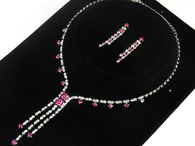 Colorful rhinestone long drop style necklace and earring set