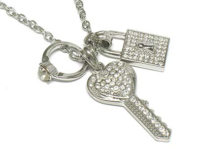 Crystal deco key and lock charms necklace