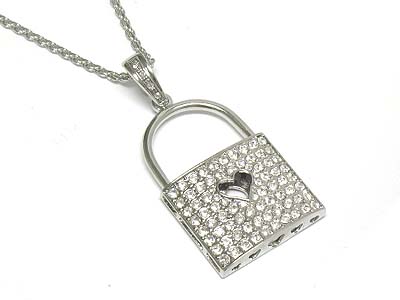 Crystal dense paved lock pendant necklace 