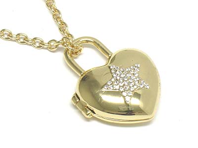 Crystal star deco heart locket pendant necklace 