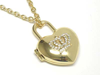 Crystal crown deco heart locket pendant necklace