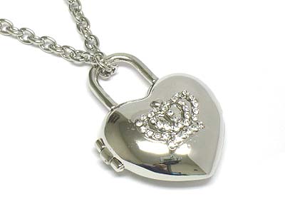 Crystal crown deco heart locket pendant necklace