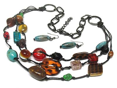 Multi strand glass and patina and natural stone link necklace and earring set