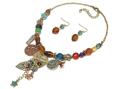 Crystal paved metal heart and multi charms necklace and earring set