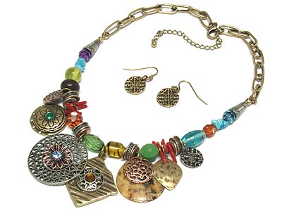 Multi metal and shell disk charm bead deco strand necklace and earring set